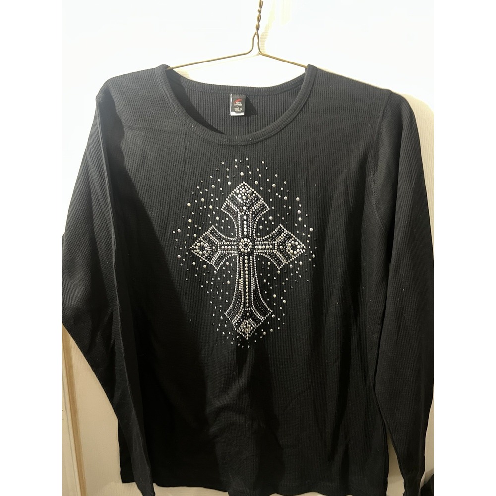 Women's‎ Black Cross Christian Long Sleeved Ribbed Shirt  Size Lg